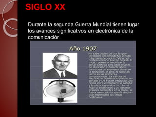 SIGLO XX
Durante la segunda Guerra Mundial tienen lugar
los avances significativos en electrónica de la
comunicación
 