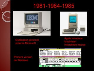 1981-1984-1985
Ordenador personal
sistema Microsoft
Apple introduce
Macintosh
incluyendo mouse
Primera versión
de Windows
 