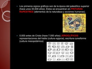  Los primeros signos gráficos son de la época del paleolítico superior
(hace unos 35.000 años). Éstos se encuentran en PINTURAS
RUPESTRES (elementos de la naturaleza y acciones humanas).
 5.000 antes de Cristo (hace 7.000 años) JEROGLÍFICOS
representaciones del habla (cultura egipcia), escritura cuneiforme
(cultura mesopotámica)
 