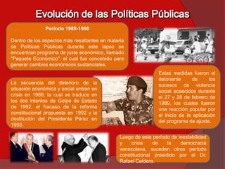Período 1988-1998

Dentro de los aspectos más resaltantes en materia
de Políticas Públicas durante este lapso se
encuentran programa de juste económico, llamado
"Paquete Económico", el cual fue concebido para
generar cambios económicos sustanciales.
                                                                Estas medidas fueron el
                                                                detonante       de     los
La secuencia del deterioro de la                                sucesos de violencia
situación económica y social entran en                          social acaecidos durante
crisis en 1989, la cual se traduce en                           el 27 y 28 de febrero de
los dos intentos de Golpe de Estado                             1989, los cuales fueron
de 1992, el fracaso de la reforma                               una reacción popular por
constitucional propuesta en 1992 y la                           el inicio de la aplicación
destitución del Presidente Pérez en                             del programa de ajuste.
1993.

                                               Luego de este período de inestabilidad
                                               y    crisis    de    la   democracia
                                               venezolana, suceden otros período
                                               constitucional presidido por el Dr.
                                               Rafael Caldera.
 