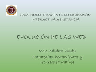 COMPONENTE DOCENTE EN EDUCACIÓN
INTERACTIVA A DISTANCIA
MSc. Mildred Valdes
Estrategias, herramientas y
recursos educativos
EVOLUCIÓN DE LAS WEB
 