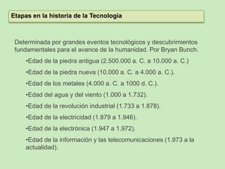 Etapas en la historia de la Tecnología
Determinada por grandes eventos tecnológicos y descubrimientos
fundamentales para el avance de la humanidad. Por Bryan Bunch.
•Edad de la piedra antigua (2.500.000 a. C. a 10.000 a. C.)
•Edad de la piedra nueva (10.000 a. C. a 4.000 a. C.).
•Edad de los metales (4.000 a. C. a 1000 d. C.).
•Edad del agua y del viento (1.000 a 1.732).
•Edad de la revolución industrial (1.733 a 1.878).
•Edad de la electricidad (1.879 a 1.946).
•Edad de la electrónica (1.947 a 1.972).
•Edad de la información y las telecomunicaciones (1.973 a la
actualidad).
 