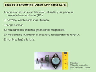 Aparecieron el transistor, televisión, el audio y las primeras
computadoras modernas (PC).
El petróleo, combustible más utilizado.
Energía nuclear.
Se realizaron las primeras grabaciones magnéticas.
En medicina se inventaron el escáner y los aparatos de rayos X.
El hombre, llegó a la luna.
Edad de la Electrónica (Desde 1.947 hasta 1.972)
Transistor
Wikipedia en alemán,
Autor: Benutzer: Honina.
 