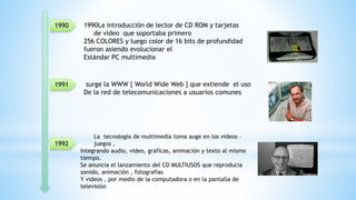 1990 1990La introducción de lector de CD ROM y tarjetas
de video que soportaba primero
256 COLORES y luego color de 16 bits de profundidad
fueron asiendo evolucionar el
Estándar PC multimedia
1991
1992
surge la WWW { World Wide Web } que extiende el uso
De la red de telecomunicaciones a usuarios comunes
La tecnología de multimedia toma auge en los videos –
juegos ,
Integrando audio, video, graficas, animación y texto al mismo
tiempo.
Se anuncia el lanzamiento del CD MULTIUSOS que reproducia
sonido, animación , fotografías
Y videos , por medio de la computadora o en la pantalla de
televisión
 