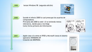 2000
2001
1999 lanzan Windows 98 (segunda edición)
Sucede el efecto 2000 lo cual preocupa los usuarios de
computadoras
Principios del 2000 la web 1.0 va teniendo menos
relevancia, dando paso a los blogs
Como forma primaria de información
Apple casa a la venta el IPOD y Microsoft lanza el sistema
operativo WINDOWS XP
Creación de MIKIPEDIA
 