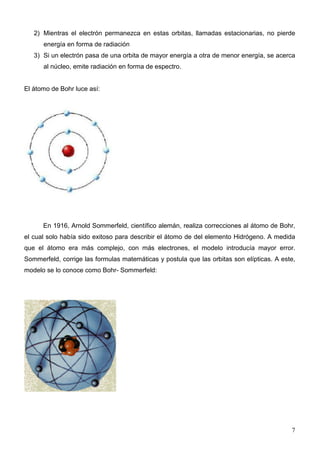 2) Mientras el electrón permanezca en estas orbitas, llamadas estacionarias, no pierde
      energía en forma de radiación
   3) Si un electrón pasa de una orbita de mayor energía a otra de menor energía, se acerca
      al núcleo, emite radiación en forma de espectro.


El átomo de Bohr luce así:




      En 1916, Arnold Sommerfeld, científico alemán, realiza correcciones al átomo de Bohr,
el cual solo había sido exitoso para describir el átomo de del elemento Hidrógeno. A medida
que el átomo era más complejo, con más electrones, el modelo introducía mayor error.
Sommerfeld, corrige las formulas matemáticas y postula que las orbitas son elípticas. A este,
modelo se lo conoce como Bohr- Sommerfeld:




                                                                                           7
 