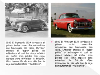  1939 El Plymouth 1939 introduce el
primer techo convertible
automático que funcionaba con
vacío. Chrysler anuncia el "super
pulido" un métodopor el cual las
piezas móviles del motor eran
pulidas casi como espejos para
minimizar la fricción. Otra
innovación de ese año fue la caja
semiautomática "Fluid Drive".
1939 El Plymouth 1939 introduce el
primer techo convertible automático
que funcionaba con vacío. Chrysler
anuncia el "super pulido" un
métodopor el cual las piezas móviles
del motor eran pulidas casi como
espejos para minimizar la fricción.
Otra innovación de ese año fue la
caja semiautomática "Fluid Drive".
 