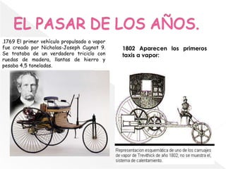 .1769 El primer vehículo propulsado a vapor
fue creado por Nicholas-Joseph Cugnot 9.
Se trataba de un verdadero triciclo con
ruedas de madera, llantas de hierro y
pesaba 4,5 toneladas.
1802 Aparecen los primeros
taxis a vapor:
 
