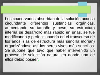 Los coacervados absorbían de la solución acuosa
circundante diferentes sustancias orgánicas,
aumentando su tamaño y peso, su estructura
interna se desarrolló más rápido en unas, se fue
modificando y perfeccionando en el transcurso de
los años, (las de estructura más sencilla morían)
organizándose así los seres vivos más sencillos.
Se supone que tuvo que haber intervenido un
proceso de selección natural en donde uno de
ellos debió poseer.
 