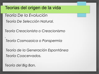 Teoría De la Evolución
Teoría De Selección Natural.
Teoría Creacionista o Creacionismo
.
Teoría Cosmozoica o Panspermia
Teoría de la Generación Espontánea
Teoría Coacervados.
Teoría del Big Ban.
Teorias del origen de la vida
 