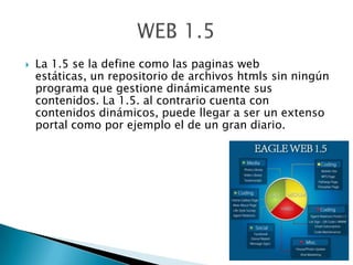  La 1.5 se la define como las paginas web
estáticas, un repositorio de archivos htmls sin ningún
programa que gestione dinámicamente sus
contenidos. La 1.5. al contrario cuenta con
contenidos dinámicos, puede llegar a ser un extenso
portal como por ejemplo el de un gran diario.
 