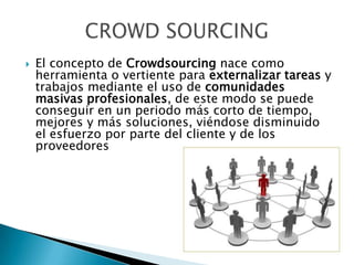  El concepto de Crowdsourcing nace como
herramienta o vertiente para externalizar tareas y
trabajos mediante el uso de comunidades
masivas profesionales, de este modo se puede
conseguir en un periodo más corto de tiempo,
mejores y más soluciones, viéndose disminuido
el esfuerzo por parte del cliente y de los
proveedores
 