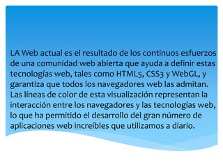 LA Web actual es el resultado de los continuos esfuerzos 
de una comunidad web abierta que ayuda a definir estas 
tecnologías web, tales como HTML5, CSS3 y WebGL, y 
garantiza que todos los navegadores web las admitan. 
Las líneas de color de esta visualización representan la 
interacción entre los navegadores y las tecnologías web, 
lo que ha permitido el desarrollo del gran número de 
aplicaciones web increíbles que utilizamos a diario. 
 
