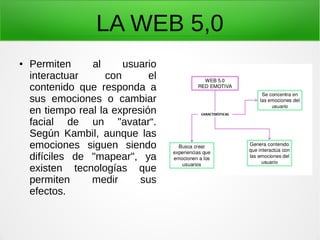 LA WEB 5,0
● Permiten al usuario
interactuar con el
contenido que responda a
sus emociones o cambiar
en tiempo real la expresión
facial de un "avatar“.
Según Kambil, aunque las
emociones siguen siendo
difíciles de "mapear", ya
existen tecnologías que
permiten medir sus
efectos.
 