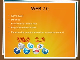 WEB 2.0
(2000-2003)
Dinamica
Es cincronica- tiempo real
Blogs-chat,redes sociales
Permite a los usuarios interactuar y colaborar entre si.