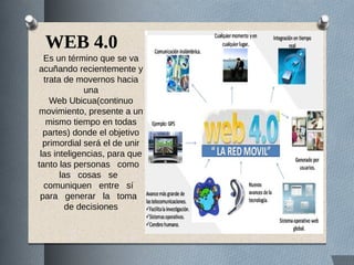 WEB 4.0
Es un término que se va
acuñando recientemente y
trata de movernos hacia
una
Web Ubicua(continuo
movimiento, presente a un
mismo tiempo en todas
partes) donde el objetivo
primordial será el de unir
las inteligencias, para que
tanto las personas como
las cosas se
comuniquen entre sí
para generar la toma
de decisiones
 