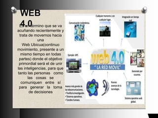 WEB
4.0Es un término que se va
acuñando recientemente y
trata de movernos hacia
una
Web Ubicua(continuo
movimiento, presente a un
mismo tiempo en todas
partes) donde el objetivo
primordial será el de unir
las inteligencias, para que
tanto las personas como
las cosas se
comuniquen entre sí
para generar la toma
de decisiones
 