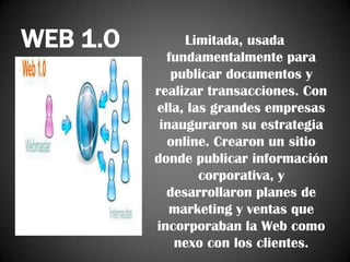 WEB 1.O

Limitada, usada
fundamentalmente para
publicar documentos y
realizar transacciones. Con
ella, las grandes empresas
inauguraron su estrategia
online. Crearon un sitio
donde publicar información
corporativa, y
desarrollaron planes de
marketing y ventas que
incorporaban la Web como
nexo con los clientes.

 