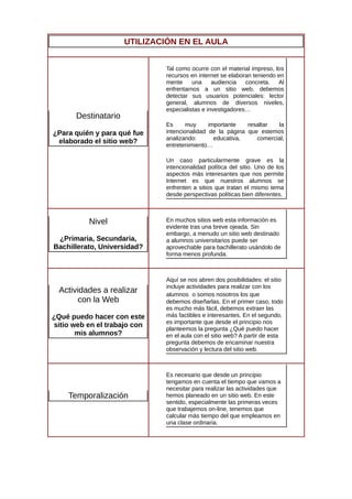 UTILIZACIÓN EN EL AULA
Destinatario
¿Para quién y para qué fue
elaborado el sitio web?
Tal como ocurre con el material impreso, los
recursos en internet se elaboran teniendo en
mente una audiencia concreta. Al
enfrentarnos a un sitio web, debemos
detectar sus usuarios potenciales: lector
general, alumnos de diversos niveles,
especialistas e investigadores…
Es muy importante resaltar la
intencionalidad de la página que estemos
analizando: educativa, comercial,
entretenimiento…
Un caso particularmente grave es la
intencionalidad política del sitio. Uno de los
aspectos más interesantes que nos permite
Internet es que nuestros alumnos se
enfrenten a sitios que tratan el mismo tema
desde perspectivas políticas bien diferentes.
Nivel
¿Primaria, Secundaria,
Bachillerato, Universidad?
En muchos sitios web esta información es
evidente tras una breve ojeada. Sin
embargo, a menudo un sitio web destinado
a alumnos universitarios puede ser
aprovechable para bachillerato usándolo de
forma menos profunda.
Actividades a realizar
con la Web
¿Qué puedo hacer con este
sitio web en el trabajo con
mis alumnos?
Aquí se nos abren dos posibilidades: el sitio
incluye actividades para realizar con los
alumnos o somos nosotros los que
debemos diseñarlas. En el primer caso, todo
es mucho más fácil, debemos extraer las
más factibles e interesantes. En el segundo,
es importante que desde el principio nos
planteemos la pregunta ¿Qué puedo hacer
en el aula con el sitio web? A partir de esta
pregunta debemos de encaminar nuestra
observación y lectura del sitio web.
Temporalización
Es necesario que desde un principio
tengamos en cuenta el tiempo que vamos a
necesitar para realizar las actividades que
hemos planeado en un sitio web. En este
sentido, especialmente las primeras veces
que trabajemos on-line, tenemos que
calcular más tiempo del que empleamos en
una clase ordinaria.
 