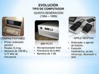 EVOLUCIÓN
TIPO DE COMPUTADOR
QUINTA GENERACIÓN
(1984 – 1999)
COMPAQ PORTABLE
IBM PC/AT
APPLE NEWTON
• Primer ordenador
portátil
• Pesaba 12,5 kg
• Memoria de 128 KB y
4,77 MHz de
frecuencia
• Microprocesador Intel
• Frecuencia de 6 MHz
• Memoria de 1 GB
• Ordenador o agenda
de bolsillo.
• Conexión
inalámbrica, ya sea
infrarrojo, Bluetooth o
WiFi
 