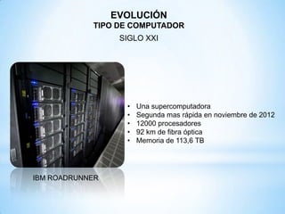IBM ROADRUNNER
• Una supercomputadora
• Segunda mas rápida en noviembre de 2012
• 12000 procesadores
• 92 km de fibra óptica
• Memoria de 113,6 TB
EVOLUCIÓN
TIPO DE COMPUTADOR
SIGLO XXI
 