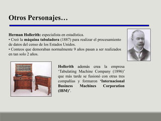 Otros Personajes…
Herman Hollerith: especialista en estadística.
• Creó la máquina tabuladora (1887) para realizar el procesamiento
de datos del censo de los Estados Unidos.
• Conteos que demoraban normalmente 9 años pasan a ser realizados
en tan solo 2 años.
Hollerith además crea la empresa
„Tabulating Machine Company (1896)‟
que más tarde se fusionó con otras tres
compañías y formaron ‘Internacional
Business
Machines
Corporation
(IBM)’.

 