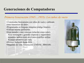 Generaciones de Computadoras
Primera Generación (1945…1955): Los tubos de vacio
• Construidas básicamente con tubos de vacío y cableado
como transmisor de datos.
•Programadas en lenguaje máquina (código binario).
•Utilizan tarjetas perforadas.
•Gran tamaño y muy costosas (relación costo-valor).
•Uso restringido a grandes empresas y organismos
estadales: aplicaciones en el área científico militar.
•Comercialización casi nula.
•Herman Hollerith funda IBM.
•Maquinas de 1era. Generación: UNIVAC, IBM 650.

 