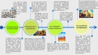 Transición hacia
la Modernidad
• La caída del Imperio
Romano acabó en la práctica
con la ciudadanía, pues la
autocracia bizantina no le dio
margen de maniobra;
también, los pueblos
bárbaros que conquistaron
Europa se romanizaron
progresivamente y adoptaron
la fe cristiana.
Al abandono de la ciudadanía
corresponde el olvido de la idea
de democracia, que, tras el
experimento griego, es sustituida
por otros modelos políticos
menos igualitarios. A pesar de
ello, la idea esencial de
ciudadanía nunca pudo ser
erradicada y permaneció hasta
que, ya en épocas más recientes,
fue redimensionada y puesta de
nuevo en funcionamiento teórico
y práctico.
Cristianismo y
ciudadanía
La caída del Imperio provocó
que los obispos asumieran no
sólo el poder espiritual sino
también el político en cada
diócesis. El cristianismo adoptó
una posición poco mundana, en
el sentido de que se despreciaba
e infravaloraba la vida en el
mundo material
San Agustín (s. IV-V) fue
el autor que, dentro del
cristianismo, dio un mayor
peso a esta concepción, que
ya partía de los orígenes de
esta religión
Santo Tomás (ya en el siglo XIII) no es tan
duro como Agustín al referirse a la realidad
terrena, pues cree que ésta es, en cierta
manera, la expresión de la voluntad divina;
por tanto, no puede ser tan nociva y, en
consecuencia, debería ser atendida de forma
seria. En este cambio de actitud dentro del
cristianismo fue decisiva la recuperación, por
vía árabe y judía, de la figura de Aristóteles,
olvidada durante muchos siglos en Europa.
Las ciudades-
estado italianas
A finales de la Edad Media, en el
norte de Italia se organizaron
una serie de ciudades-estado
independientes, desvinculadas
de los Estados pontificios y de
los modelos caciquiles reinantes,
que llegaron a adoptar
regímenes republicanos.
Nacieron de esta manera las repúblicas de
Florencia, Venecia, Pisa, Génova, Milán,
Bolonia, Siena, etc., que contaban con autoridad
propia tanto política como judicial, y que
también prosperaron a varios niveles durante
siglos; florecieron las artes, las letras, el
comercio, etc.
El modelo político era, más
o menos, de democracia
directa, pues los ciudadanos
tenían la posibilidad de
elegir a los miembros de las
asambleas y de los consejos
que estructuraban el Estado.
La era de las
revoluciones
En el siglo XVIII cambia
drásticamente el panorama
relativo al principio de
ciudadanía y, por extensión, a la
política en general. La herencia
de la Ilustración fue clave en
este renacimiento de la
democracia y de las luchas
sociales, en esta vigorización que
se imprimió a la esfera de lo
político. Los principios que
definían el funcionamiento de la
política comienzan a cambiar, a
la vez que se abre el ejercicio
efectivo del poder
Este nuevo lenguaje de los derechos se
acabaría plasmando,históricamente, en do
revoluciones decisivas:la americana y la
francesa, proclamadas como Declaración d
Independencia de los Estados Unidos (1776
en el primer caso, y como Declaración
Francesa de los Derechos del Hombrey del
Ciudadano (1789) en el segundo.
 