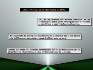 Características en la edad media moderna.
El surgimiento del principio de la autonomía de la voluntad, por el cual sólo la
voluntad libremente expresada es capaz de obligar a una persona.
El surgimiento del principio de la autonomía de la voluntad, por el cual sólo la
voluntad libremente expresada es capaz de obligar a una persona.
Durante esta etapa los contratos consensuales solo se perfeccionaban bajo el
consentimiento y los innominados que tuvieran diversidad de contenido.
Durante esta etapa los contratos consensuales solo se perfeccionaban bajo el
consentimiento y los innominados que tuvieran diversidad de contenido.
.
Ya no se utilizaba ese sistema formalista en las
contrataciones por lo que la libre expresión de la voluntad
se convirtió en la base vinculatoria del contrato.
Ya no se utilizaba ese sistema formalista en las
contrataciones por lo que la libre expresión de la voluntad
se convirtió en la base vinculatoria del contrato.
 