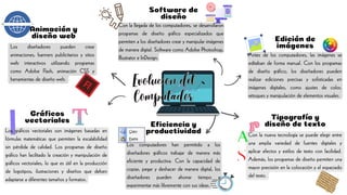 Evolucion del
Computador
Evolucion del
Computador
Con la llegada de los computadores, se desarrollaron
programas de diseño gráfico especializados que
permiten a los diseñadores crear y manipular imágenes
de manera digital. Software como Adobe Photoshop,
Illustrator e InDesign.
Software de
diseño
Tipografía y
diseño de texto
Gráficos
vectoriales
Eficiencia y
productividad
Animación y
diseño web Edición de
imágenes
Antes de los computadores, las imágenes se
editaban de forma manual. Con los programas
de diseño gráfico, los diseñadores pueden
realizar ediciones precisas y sofisticadas en
imágenes digitales, como ajustes de color,
retoques y manipulación de elementos visuales.
Con la nueva tecnología se puede elegir entre
una amplia variedad de fuentes digitales y
aplicar efectos y estilos de texto con facilidad.
Además, los programas de diseño permiten una
mayor precisión en la colocación y el espaciado
del texto.
Los computadores han permitido a los
diseñadores gráficos trabajar de manera más
eficiente y productiva. Con la capacidad de
copiar, pegar y deshacer de manera digital, los
diseñadores pueden ahorrar tiempo y
experimentar más libremente con sus ideas.
Los gráficos vectoriales son imágenes basadas en
fórmulas matemáticas que permiten la escalabilidad
sin pérdida de calidad. Los programas de diseño
gráfico han facilitado la creación y manipulación de
gráficos vectoriales, lo que es útil en la producción
de logotipos, ilustraciones y diseños que deben
adaptarse a diferentes tamaños y formatos.
Los diseñadores pueden crear
animaciones, banners publicitarios y sitios
web interactivos utilizando programas
como Adobe Flash, animación CSS y
herramientas de diseño web.
 