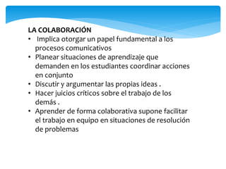 LA COLABORACIÓN 
• Implica otorgar un papel fundamental a los 
procesos comunicativos 
• Planear situaciones de aprendizaje que 
demanden en los estudiantes coordinar acciones 
en conjunto 
• Discutir y argumentar las propias ideas . 
• Hacer juicios críticos sobre el trabajo de los 
demás . 
• Aprender de forma colaborativa supone facilitar 
el trabajo en equipo en situaciones de resolución 
de problemas 
 