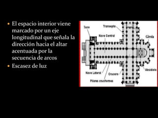  El espacio interior viene
marcado por un eje
longitudinal que señala la
dirección hacia el altar
acentuada por la
secuencia de arcos
 Escasez de luz
 