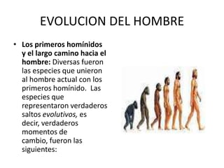 EVOLUCION DEL HOMBRE
• Los primeros homínidos
y el largo camino hacia el
hombre: Diversas fueron
las especies que unieron
al hombre actual con los
primeros homínido. Las
especies que
representaron verdaderos
saltos evolutivos, es
decir, verdaderos
momentos de
cambio, fueron las
siguientes:
 