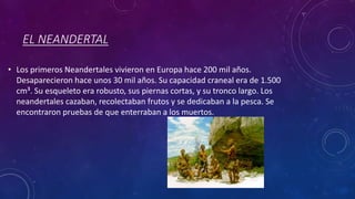 EL NEANDERTAL
• Los primeros Neandertales vivieron en Europa hace 200 mil años.
Desaparecieron hace unos 30 mil años. Su capacidad craneal era de 1.500
cm³. Su esqueleto era robusto, sus piernas cortas, y su tronco largo. Los
neandertales cazaban, recolectaban frutos y se dedicaban a la pesca. Se
encontraron pruebas de que enterraban a los muertos.
 