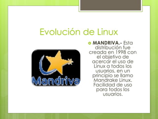 Evolución de Linux
           MANDRIVA.- Esta
              distribución fue
           creada en 1998 con
               el objetivo de
            acercar el uso de
             Linux a todos los
              usuarios, en un
            principio se llamo
             Mandrake Linux.
             Facilidad de uso
              para todos los
                  usuarios.
 