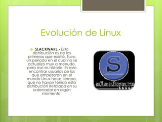 Evolución de Linux
     SLACKWARE.- Esta
    distribución es de las
 primeras que existió. Tuvo
un periodo en el cual no se
 actualizo muy a menudo,
pero eso es historia. Es raro
 encontrar usuarios de los
   que empezaron en el
mundo Linux hace tiempo,
 que no hayan tenido esta
distribución instalada en su
    ordenador en algún
           momento.
 