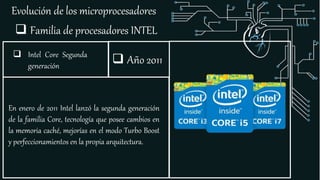 Evolución de los microprocesadores
 Familia de procesadores INTEL
 Intel Core Segunda
generación
En enero de 2011 Intel lanzó la segunda generación
de la familia Core, tecnología que posee cambios en
la memoria caché, mejorías en el modo Turbo Boost
y perfeccionamientos en la propia arquitectura.
 Año 2011
 