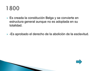  Es creada la constitución Belga y se convierte en
estructura general aunque no es adoptada en su
totalidad.
 -Es aprobado el derecho de la abolición de la esclavitud.
 