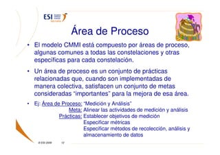 Área de Proceso
• El modelo CMMI está compuesto por áreas de proceso,
  algunas comunes a todas las constelaciones y otras
  específicas para cada constelación.
• Un área de proceso es un conjunto de prácticas
  relacionadas que, cuando son implementadas de
  manera colectiva, satisfacen un conjunto de metas
  consideradas “importantes” para la mejora de esa área.
• Ej: Área de Proceso: “Medición y Análisis”
                 Meta: Alinear las actividades de medición y análisis
             Prácticas: Establecer objetivos de medición
                        Especificar métricas
                        Especificar métodos de recolección, análisis y
                        almacenamiento de datos
    © ESI 2009   12
 