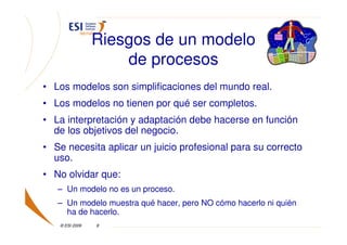 Riesgos de un modelo
                     de procesos
• Los modelos son simplificaciones del mundo real.
• Los modelos no tienen por qué ser completos.
• La interpretación y adaptación debe hacerse en función
  de los objetivos del negocio.
• Se necesita aplicar un juicio profesional para su correcto
  uso.
• No olvidar que:
   – Un modelo no es un proceso.
   – Un modelo muestra qué hacer, pero NO cómo hacerlo ni quién
     ha de hacerlo.
    © ESI 2009   8
 