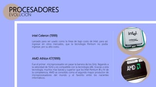 PROCESADORES
EVOLUCION
intel Celeron (1999)
Lanzado para ser usado como la línea de bajo costo de Intel, para así
ingresar en otros mercados, que la tecnología Pentium no podía
ingresar, por su alto costo.
AMD Athlon K7(1999)
Fue el primer microprocesador en pasar la barrera de los GHz, llegando a
la velocidad de 1GHz y es compatible con la tecnología x86. Gracias a esta
tecnología, muchos mas barata y superior que los Intel Pentium III y IV de
la competencia, AMD se consolido como el segundo mayor productor de
microprocesadores del mundo y el favorito entre los nacientes
informáticos.
 