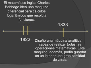 El matemático ingles Charles Babbage ideó una máquina diferencial para cálculos logarítmicos que resolvía funciones.18331822Diseño una máquina analítica capaz de realizar todas las operaciones matemáticas. Ésta máquina, además, podía guardar en un interior una gran cantidad de cifras.