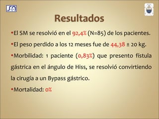 El SM se resolvió en el  92,4%  (N=85) de los pacientes. El peso perdido a los 12 meses fue de  44,38  ± 20 kg. Morbilidad: 1 paciente ( 0,83% ) que presento fístula gástrica en el ángulo de Hiss, se resolvió convirtiendo la cirugía a un Bypass gástrico. Mortalidad:  0% 
