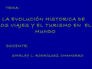 LA EVOLUCIÓN HISTORICA DE
LOS VIAJES Y EL TURISMO EN EL
MUNDO
TEMA:
DOCENTE:
SHIRLEY L. RODRÍGUEZ CHAMORRO
 