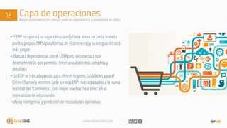 WWW.BRAINSINS.COM
Capa de operaciones18 Mayor automatización, menor nivel de dependencia y posibilidad de fallos
•El ERP recuperará su lugar (desplazado hasta ahora en cierta manera
por los propios CMS/plataformas de eCommerce) y su integración será
más simple
•Afianzará dependencias con el CRM pero se conectará más
directamente lo que permitirá tener una visión más completa y
detallada
•Los ERP se irán adaptando para ofrecer mayores facilidades para el
Omni-Channel y veremos cada vez más ERPs más adaptados a la nueva
realidad del “Commerce”, con mayor nivel de “real time” en el
intercambio de información
•Mayor inteligencia y predicción de necesidades operativas
 