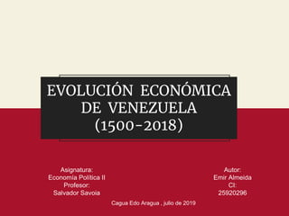 EVOLUCIÓN ECONÓMICA
DE VENEZUELA
(1500-2018)
Asignatura:
Economía Política II
Profesor:
Salvador Savoia
Autor:
Emir Almeida
CI:
25920296
Cagua Edo Aragua , julio de 2019
 