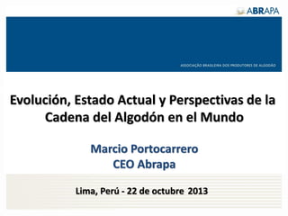 Evolución, Estado Actual y Perspectivas de la 
Cadena del Algodón en el Mundo 
Marcio Portocarrero CEO Abrapa 
Lima, Perú - 22 de octubre 2013  