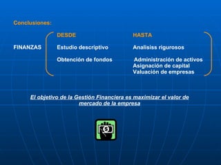 Conclusiones: DESDE   HASTA FINANZAS Estudio descriptivo  Analisiss rigurosos  Obtención de fondos  Administración de activos Asignación de capital Valuación de empresas El objetivo de la Gestión Financiera es maximizar el valor de mercado de la empresa 