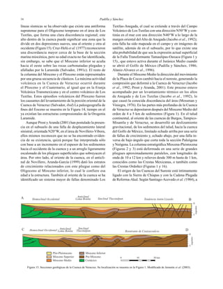 Padilla y Sánchez3434
Homoclinal Occidental
Homoclinal Occidental
Anticlinal
Loma Bonita
Anticlinal
Loma Bonita
Sinclinal Tlacotalpan
Sinclinal
Tlacotalpan
Tendencia Antón Lizardo
Reentrante de Coatzacoalcos
100 20 km
segundos
0
5
segundos
0
5
Plio-Pleistoceno
Mioceno Superior
Mioceno Medio
Mioceno Inferior
Pre-Mioceno
Cretácico
A B
C D
líneas sísmicas se ha observado que existe una antiforma
supratenue para el Oligoceno temprano en el área de Los
Tuxtlas, que forma una clara discordancia regional; este
alto dentro de la cuenca puede signiﬁcar una zona que la
divide en dos depresiones suaves, una al oriente y otra al
occidente (Figura 15). Cruz-Helú et al. (1977) reconocieron
una discordancia mayor cerca de la base de la sección
marina miocénica, pero su edad exacta no fue identiﬁcada,
sin embargo, se sabe que el Mioceno inferior se acuña
hacia el oeste sobre las rocas carbonatadas plegadas y
afalladas por la Laramide (Salvador, 1991c). El resto de
la columna del Mioceno y el Plioceno están representados
por una gruesa secuencia de clásticos. La máxima actividad
volcánica en la Cuenca de Veracruz ocurrió durante
el Plioceno y el Cuaternario, al igual que en la Franja
Volcánica Transmexicana y en el centro volcánico de Los
Tuxtlas. Estos episodios volcánicos del Plioceno fueron
los causantes del levantamiento de la porción oriental de la
Cuenca de Veracruz (Salvador, ibid) La paleogeografía de
ﬁnes del Eoceno se muestra en la Figura 14, tiempo en el
ya existían las estructuras compresionales de la Orogenia
Laramide.
Aunque Prost yAranda (2001) han postulado la presen-
cia en el subsuelo de una falla de desplazamiento lateral
sinistral, orientada N20°W, en el área de Novillero-Víbora,
ellos mismos reconocen que no se ha encontrado eviden-
cia de su existencia, quizá porque fue interpretada sólo
con base a un incremento en el espesor de los sedimentos
hacia el occidente de la cuenca y a un arreglo ligeramente
escalonado de los pliegues superﬁciales que sobreyacen el
área. Por otro lado, al oriente de la cuenca, en el anticli-
nal de Novillero, Aranda-García (1999) dató los estratos
de crecimiento relacionados con este pliegue como del
Oligoceno al Mioceno inferior, lo cual le confiere esa
edad a la estructura. También al oriente de la cuenca se ha
identiﬁcado un sistema mayor de fallas denominado Los
Figura 15. Secciones geológicas de la Cuenca de Veracruz. Su localización se muestra en la Figura 1. Modiﬁcada de Jennette et al. (2003).
Tuxtlas-Anegada, el cual se extiende a través del Campo
Volcánico de Los Tuxtlas con una dirección N50°W y con-
tinúa en el mar con una dirección N40°W a lo largo de la
margen oriental del Alto de Anegada (Jacobo et al., 1992);
esta falla ha sido mapeada en el campo y en imágenes de
satélite, además de en el subsuelo, por lo que existe una
alta probabilidad de que sea la expresión actual superﬁcial
de la Falla Transformante Tamaulipas-Oaxaca (Figura 1 y
15)., que estuvo activa durante el Jurásico Medio cuando
se abrió el Golfo de México (Padilla y Sánchez, 1986;
Alaniz-Alvarez et al., 1996).
Durante el Mioceno Medio la dirección del movimiento
de la Placa de Cocos cambió hacia el noreste, generando la
compresión que deformó a la Cuenca de Veracruz (Jacobo
et al., 1992; Prost y Aranda, 2001). Este proceso estuvo
acompañado por un levantamiento térmico en los altos
de Anegada y de Los Tuxtlas (Jacobo et al., 1992), lo
que causó la conocida discordancia del área (Mossman y
Viniegra, 1976). En las partes más profundas de la Cuenca
de Veracruz se depositaron después del Mioceno Medio del
orden de 4 a 5 km de sedimentos (Figura 1). En el talud
continental, al oriente de las cuencas de Burgos, Tampico-
Misantla y de Veracruz, se desarrolló un deslizamiento
gravitacional, de los sedimentos del talud, hacia la cuenca
del Golfo de México, limitado echado arriba por una serie
de fallas de crecimiento y, echado abajo, por una falla in-
versa de bajo ángulo que corta toda la sección Paleógena
y Neógena. La columna estratigráﬁca Miocena-Pleistocena
(Figuras 2 y 3) está deformada en una serie de grandes
pliegues aproximadamente paralelos, con longitudes de
onda de 10 a 12 km y relieves desde 300 m hasta de 1 km,
conocidos como las Crestas Mexicanas, o también como
las Crestas Ordoñez (Figuras 1 y 16).
El origen de las Cuencas del Sureste está íntimamente
ligado con la Sierra de Chiapas y con la Cadena Plegada
de Reforma-Akal. Según Santiago-Acevedo et al. (1984), a
 