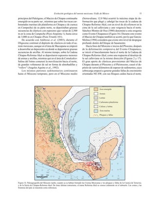 Evolución geológica del sureste mexicano, Golfo de México 35
Pliegues y fallas
Área emergida
Arenas
Lutitas
Carbonatos plataforma
Calizas y lutitas
Área marina
?
?
?
?
16°
18°
20°
102° 100°
98° 96° 92° 90° 88°
15°
94°km
2001000
principios del Paleógeno, el Macizo de Chiapas continuaba
emergido en su parte sur , mientras que sobre las rocas car-
bonatadas marinas (de plataforma en Chiapas y de cuenca
en Campeche) de su parte norte, se depositaban gruesas
secuencias de clásticos con espesores que varían de 2,500
m en la zona de Campeche (Pozo Ateponta 1), hasta cerca
de 3,000 m en Chiapas (Pozo Triunfo 101).
De acuerdo con Ambrose et al. (2003), durante el
Oligoceno continuó el depósito de clásticos en todo el su-
reste mexicano, aunque en el área de Macuspana se empezó
a desarrollar un depocentro en donde se depositaron gruesas
secuencias de arcillas. Al mismo tiempo, sobre la Cadena
Chiapas-Reforma-Akal se depositaron espesores menores
de arenas y arcillas, mientras que en el área de Comalcalco-
Salina del Istmo comenzó la movilización hacia el norte,
de grandes volúmenes de sal en forma de almohadillas y
“rollers” (Angeles Aquino et al., 1992).
Los mismos patrones sedimentarios continuaron
hasta el Mioceno temprano, pero en el Mioceno medio
(Serravaliano, 12.0 Ma) ocurrió la máxima etapa de de-
formación que plegó y cabalgó las rocas de la cadena de
Chiapas-Reforma-Akal, con un nivel de décollement en la
cima de la sal calloviana y una vergencia hacia el norte.
Sánchez-Montes de Oca (1980) denominó a esta orogenia
como Evento Chiapaneco (Figura 16). Durante este evento
el Macizo de Chiapas también se acortó, por lo que García-
Molina (1994) considera que existe otro nivel de despegue
profundo dentro del bloque de basamento.
Hacia ﬁnes del Mioceno e inicios del Plioceno, después
de la deformación compresiva del Evento Chiapaneco,
se inició el basculamiento hacia el norte de la Cadena de
Chiapas-Reforma-Akal, como una respuesta al desalojo de
la sal calloviana en la misma dirección (Figuras 2 y 17).
El gran aporte de clásticos provenientes del Macizo de
Chiapas durante el Plioceno y el Pleistoceno, causó el de-
pósito de varios kilómetros de espesor de sedimentos, cuya
sobrecarga empezó a generar grandes fallas de crecimiento
orientadas NE-SW, con sus bloques caídos hacia el norte.
Figura 16. Paleogeografía del Mioceno tardío, cuando ya se habían formado las Crestas Mexicanas y los pliegues y fallas de la Cuenca de Veracruz,
y de la Sierra de Chiapas-Reforma-Akal. De éstas últimas estructuras, el tramo Reforma-Akal se conoce solamente en el subsuelo. Las costas y las
fronteras del país se muestran como referencia.
 